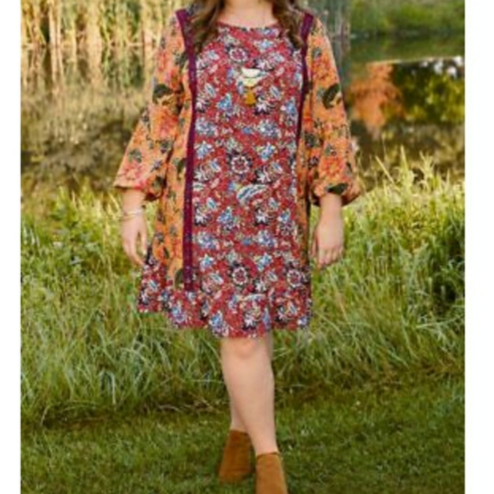 Matilda Jane Mixed Earthy Floral Print Lovely Menagerie Boho Cottage Midi Dress
